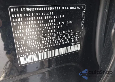 2022 Volkswagen Tiguan 2.0T Se R-Line Black z USA, uszkodzony, nr VIN 3VVCB7AX0NM173051